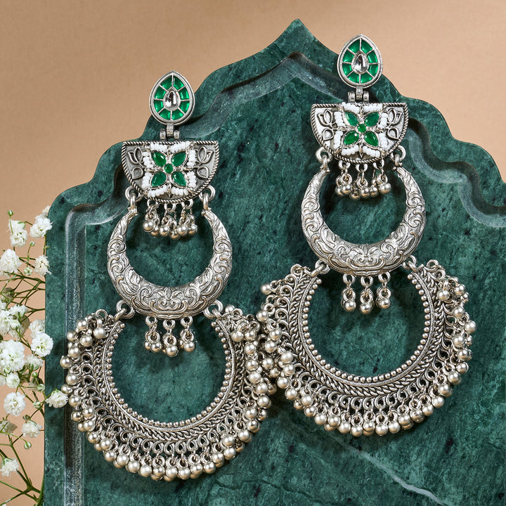 Teejh Aarzaa Silver Ghungroo Green Stone Chandbali
