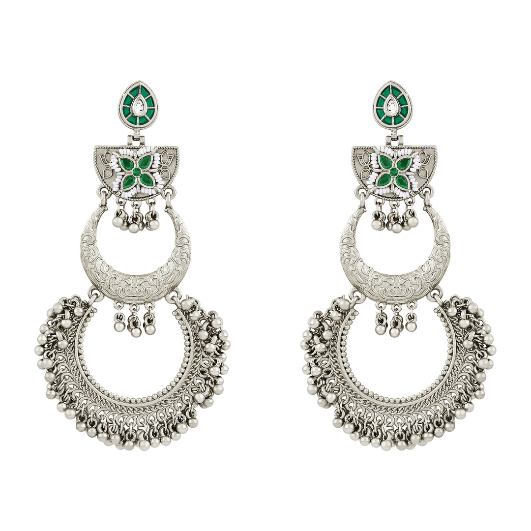 Teejh Aarzaa Silver Ghungroo Green Stone Chandbali