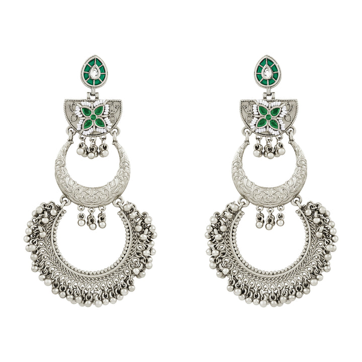Teejh Aarzaa Silver Ghungroo Green Stone Chandbali