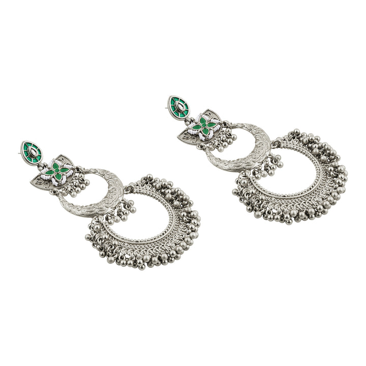 Teejh Aarzaa Silver Ghungroo Green Stone Chandbali