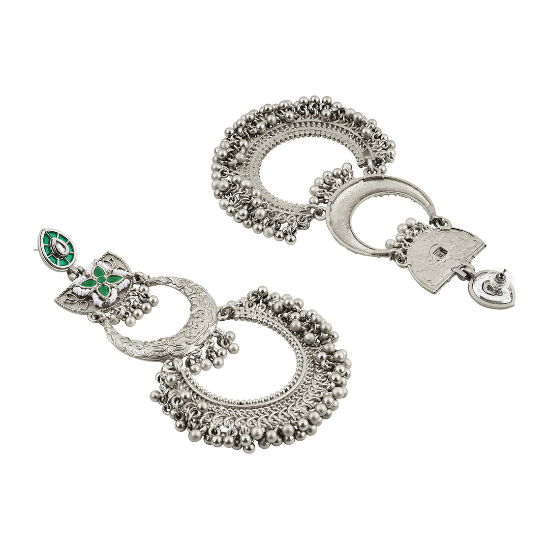 Teejh Aarzaa Silver Ghungroo Green Stone Chandbali