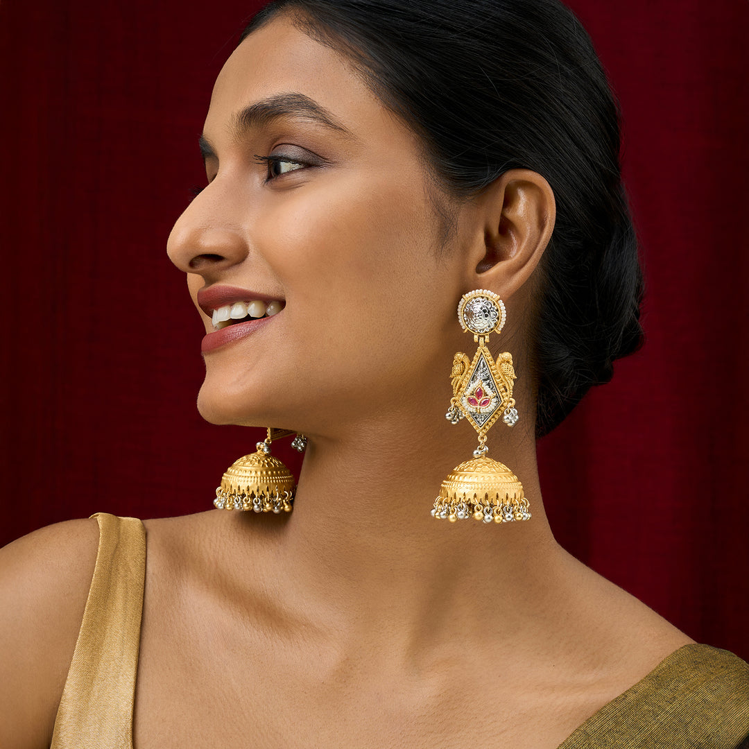 Teejh Rupal Dual Tone Red Stone and Ghungroo Jhumka