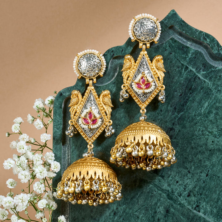 Teejh Rupal Dual Tone Red Stone and Ghungroo Jhumka
