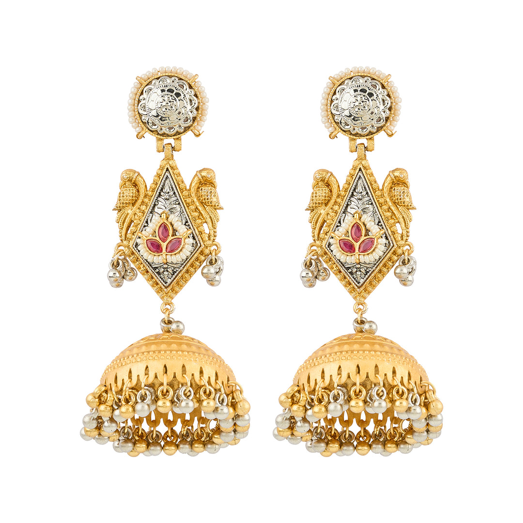 Teejh Rupal Dual Tone Red Stone and Ghungroo Jhumka