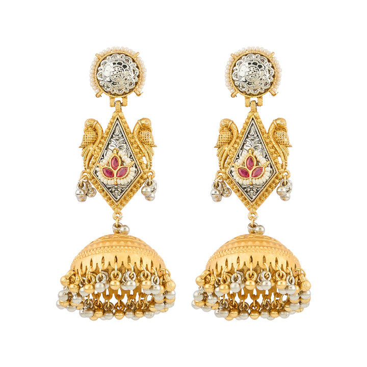 Teejh Rupal Dual Tone Red Stone and Ghungroo Jhumka
