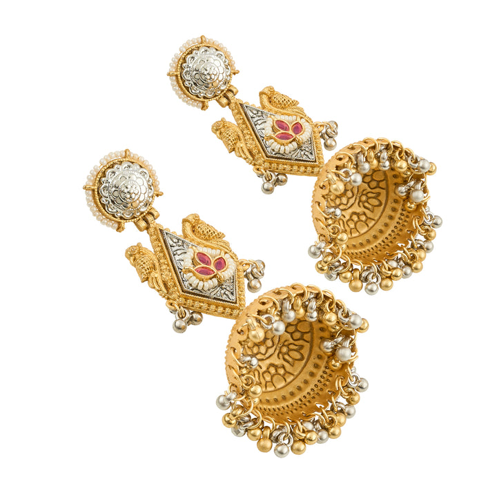 Teejh Rupal Dual Tone Red Stone and Ghungroo Jhumka