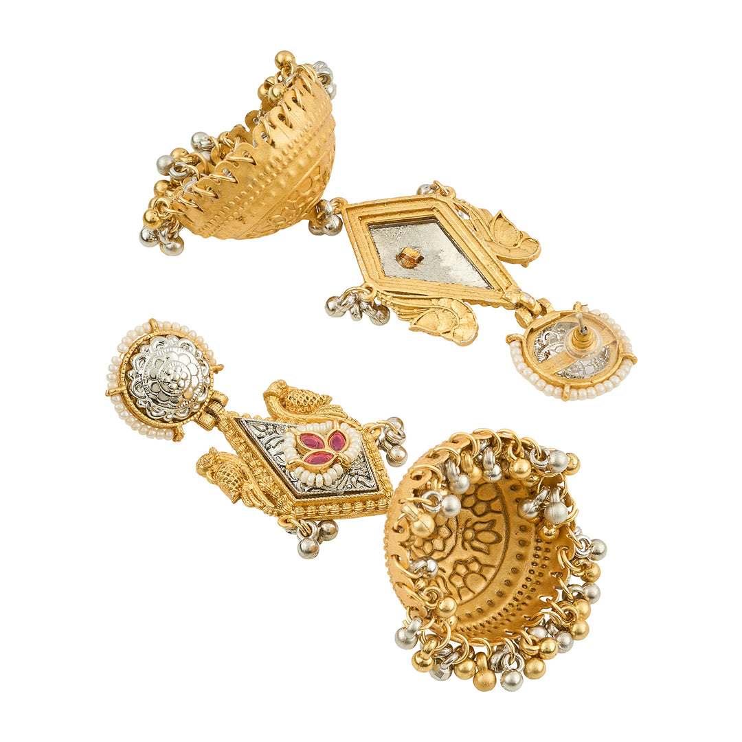 Teejh Rupal Dual Tone Red Stone and Ghungroo Jhumka