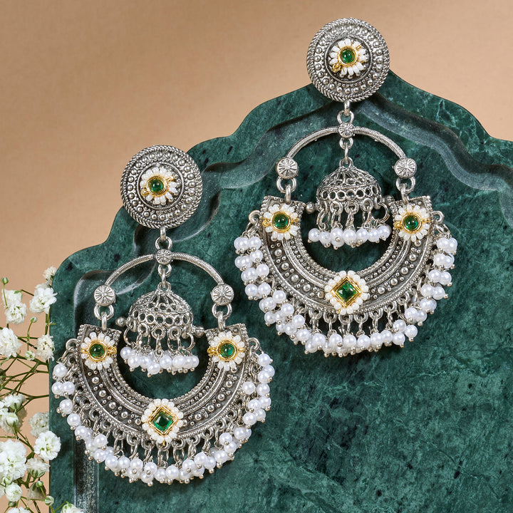 Teejh Dharal Green Stone Silver Chandbali