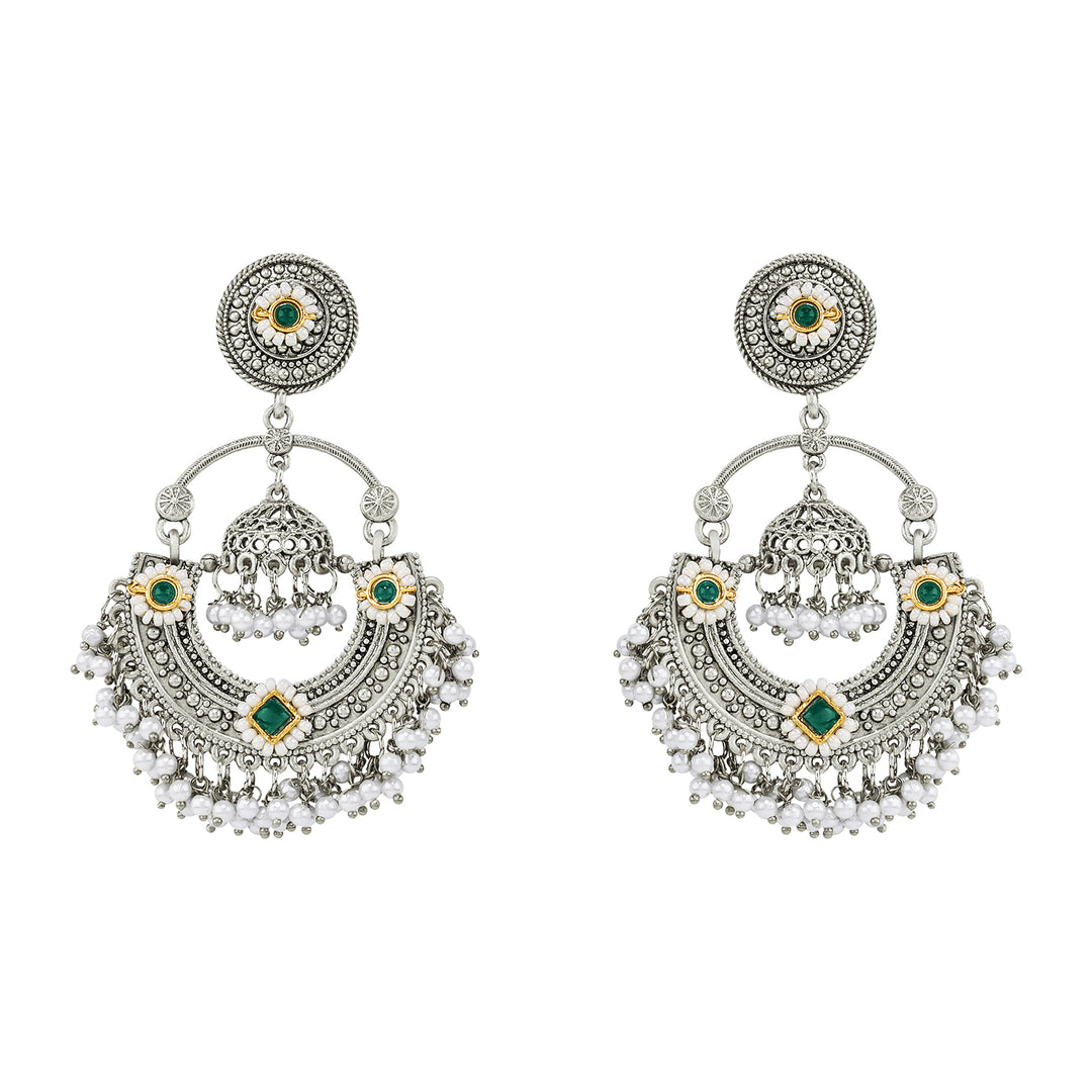 Teejh Dharal Green Stone Silver Chandbali