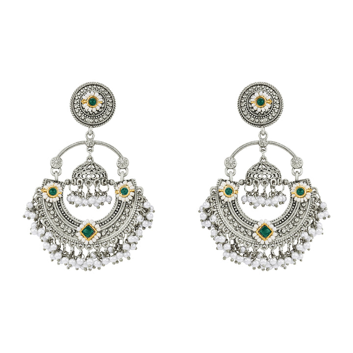 Teejh Dharal Green Stone Silver Chandbali