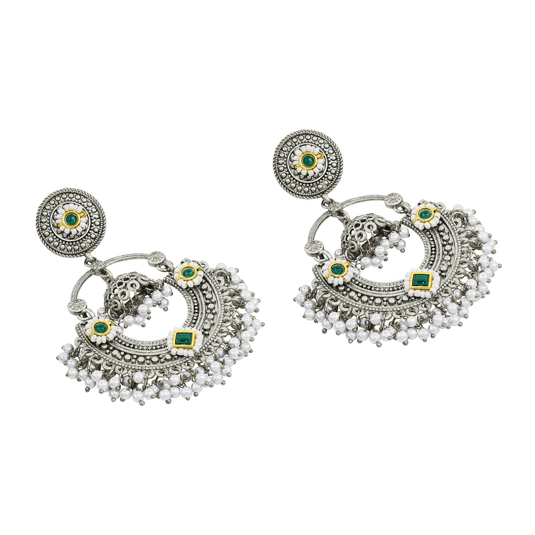 Teejh Dharal Green Stone Silver Chandbali