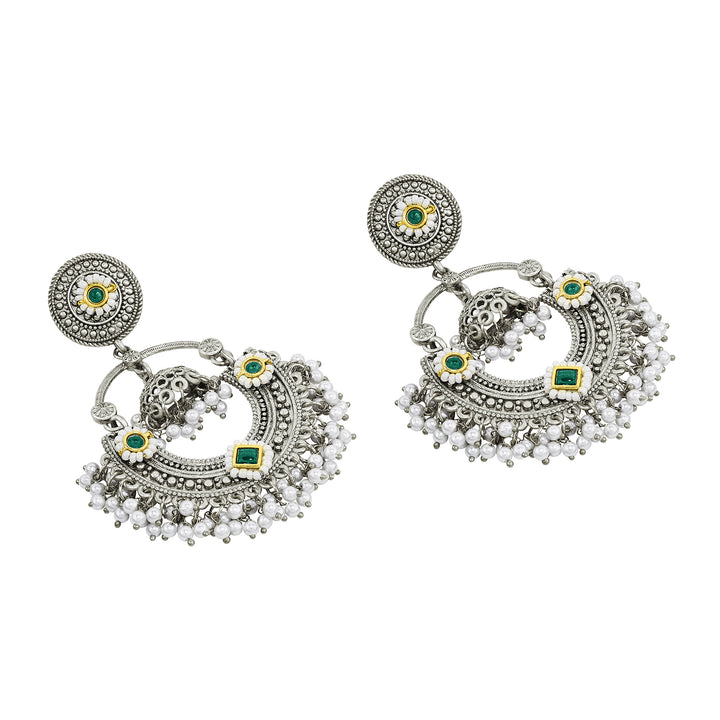 Teejh Dharal Green Stone Silver Chandbali