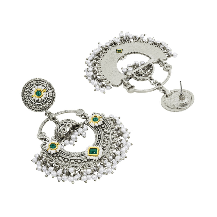 Teejh Dharal Green Stone Silver Chandbali