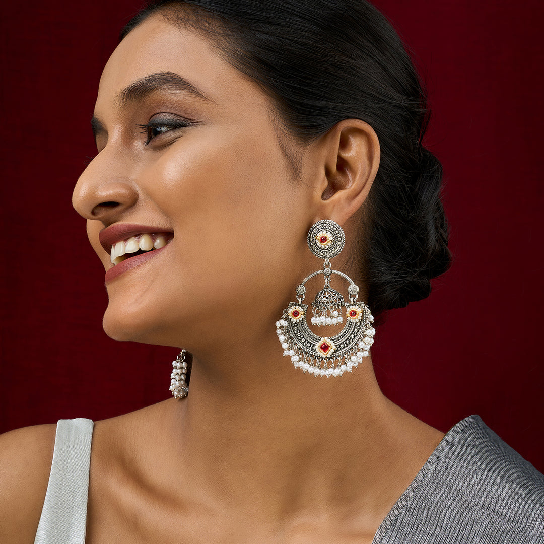 Teejh Dharal Red Stone Silver Chandbali
