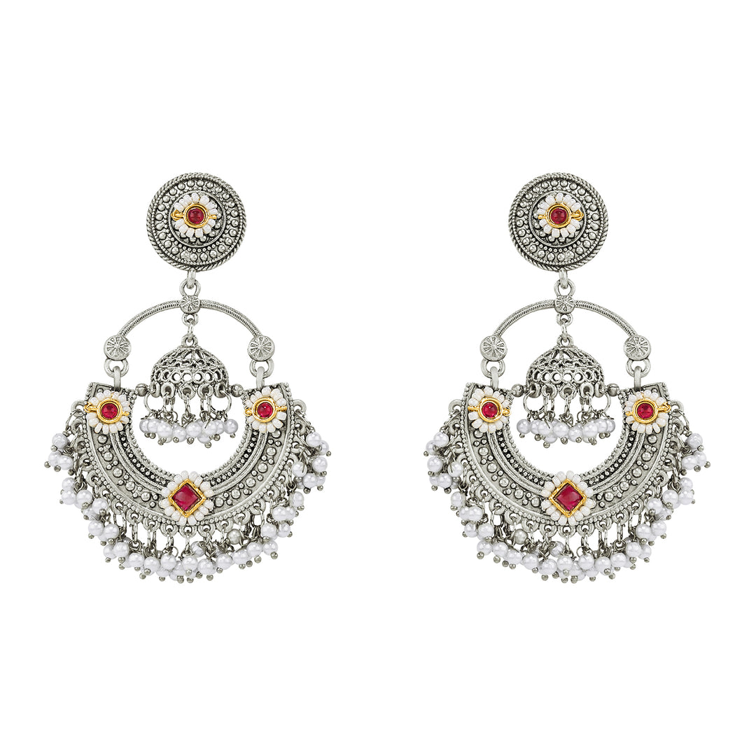 Teejh Dharal Red Stone Silver Chandbali