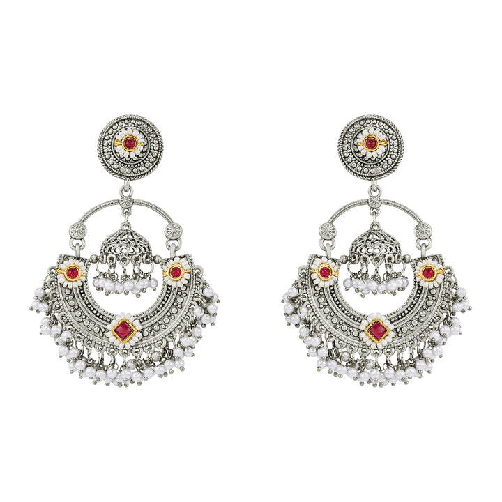 Teejh Dharal Red Stone Silver Chandbali