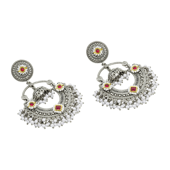 Teejh Dharal Red Stone Silver Chandbali
