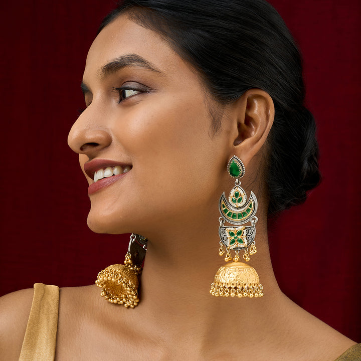 Teejh Sanyutha Dual Tone Green Stones Jhumkas