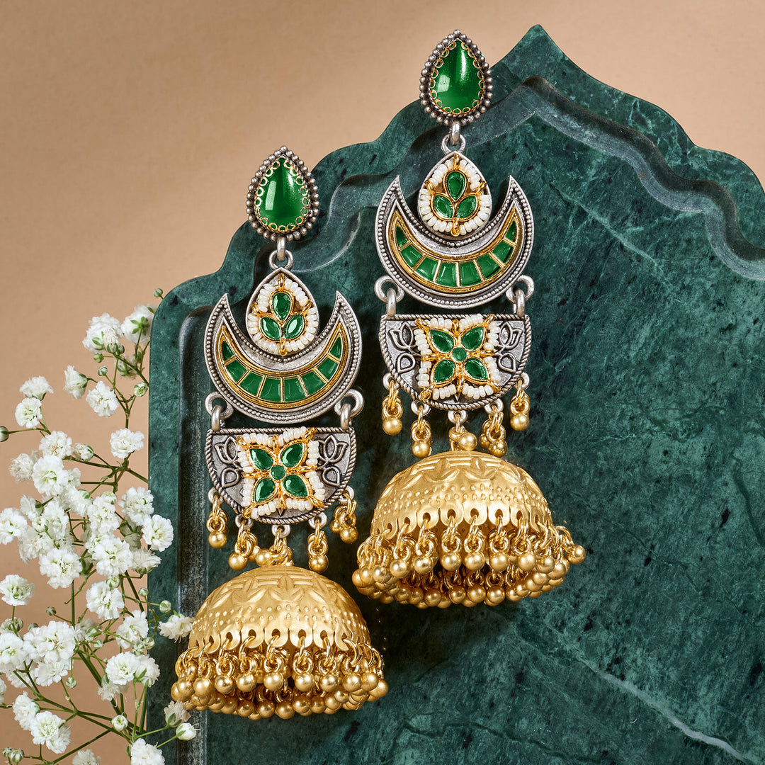 Teejh Sanyutha Dual Tone Green Stones Jhumkas