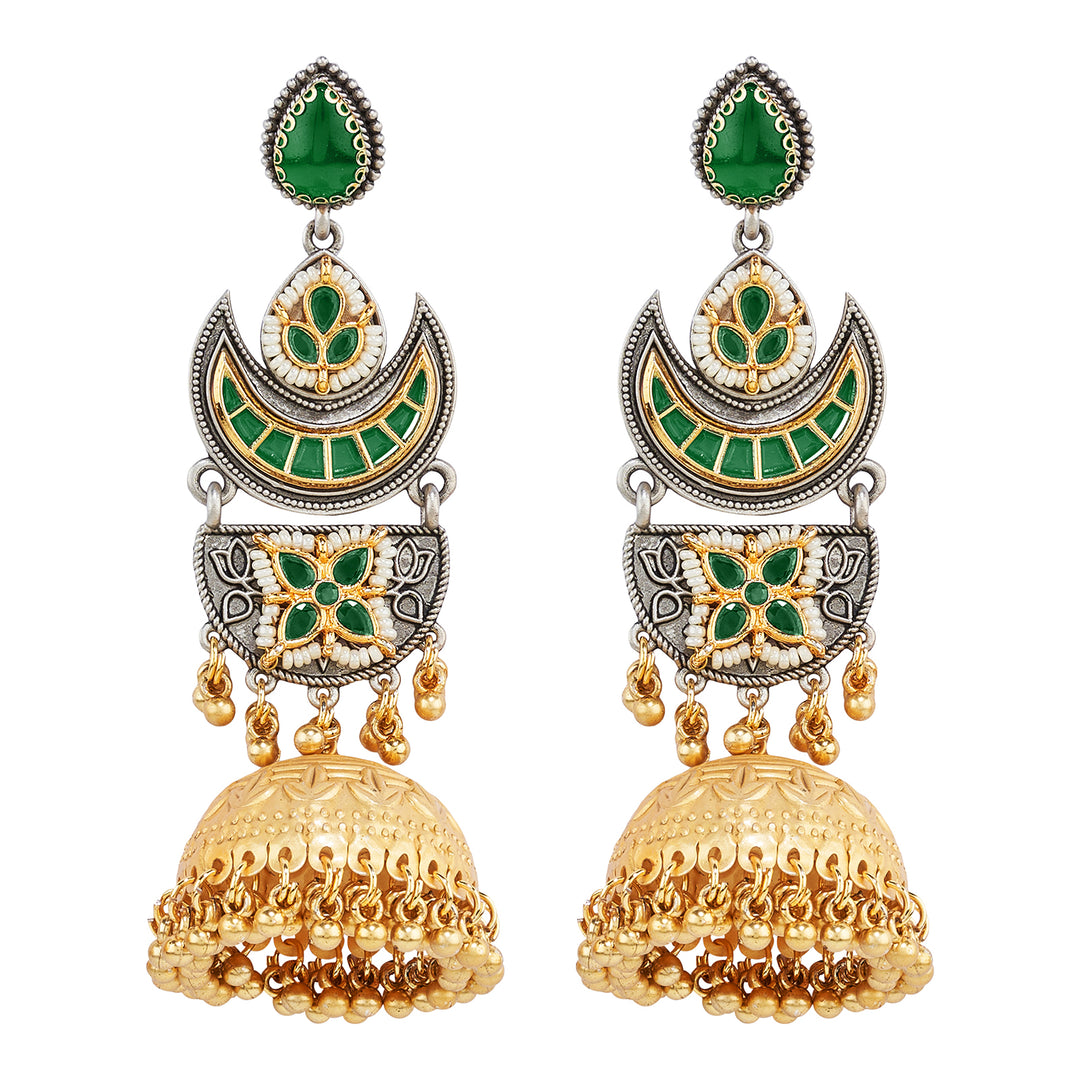 Teejh Sanyutha Dual Tone Green Stones Jhumkas