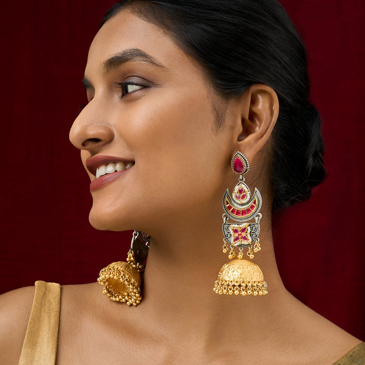 Teejh Sanyutha Dual Tone Red Stones Jhumkas