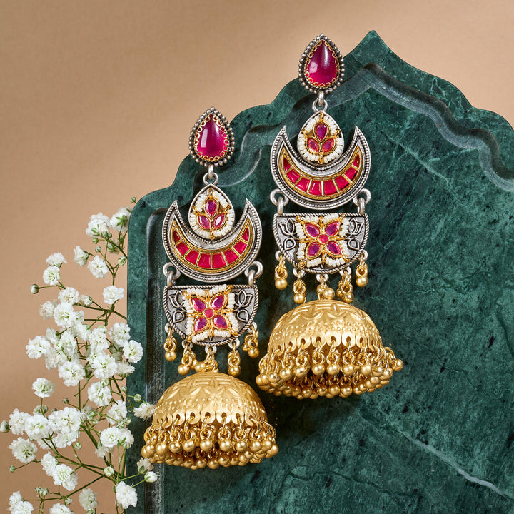 Teejh Sanyutha Dual Tone Red Stones Jhumkas