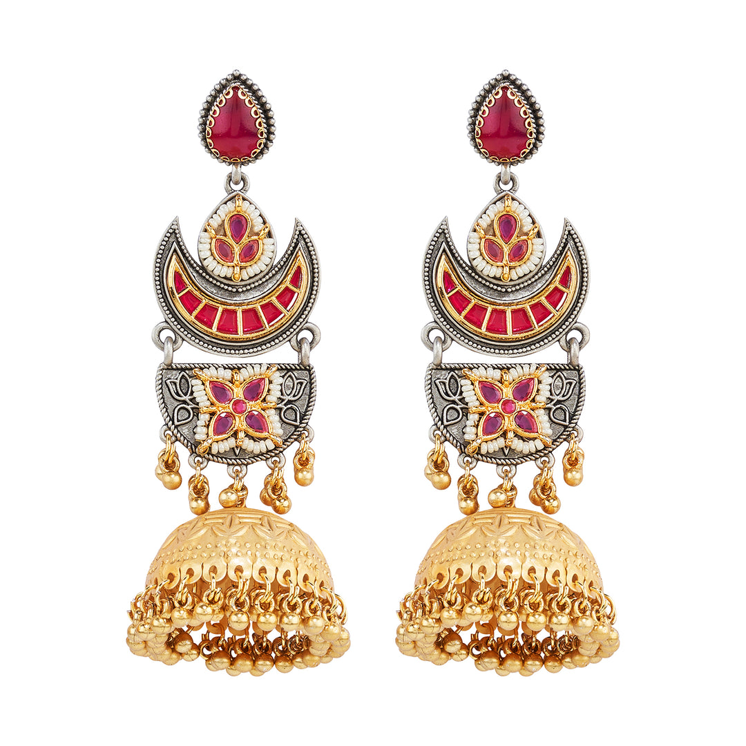 Teejh Sanyutha Dual Tone Red Stones Jhumkas