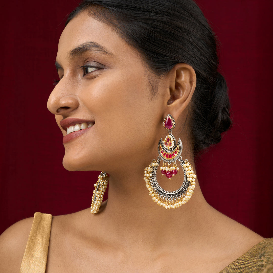 Teejh Yugah Dual Tone Red Ghungroo Chandbali