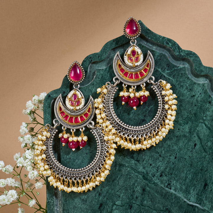 Teejh Yugah Dual Tone Red Ghungroo Chandbali