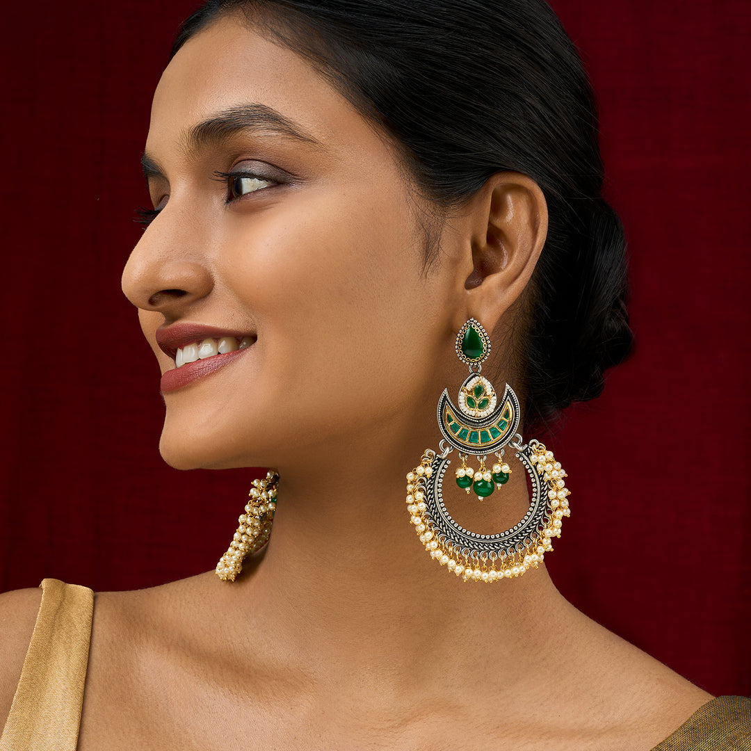 Teejh Yugah Dual Tone Green Ghungroo Chandbali