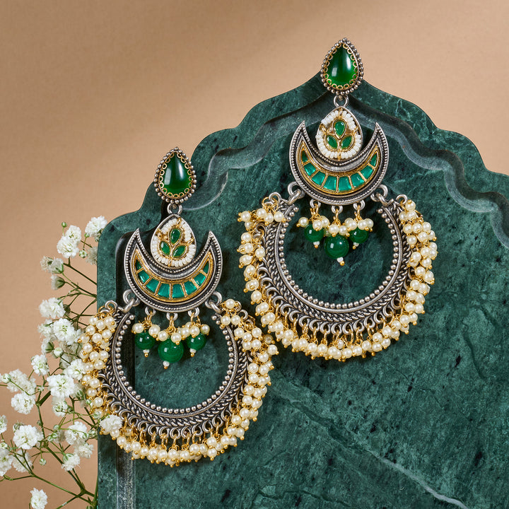 Teejh Yugah Dual Tone Green Ghungroo Chandbali