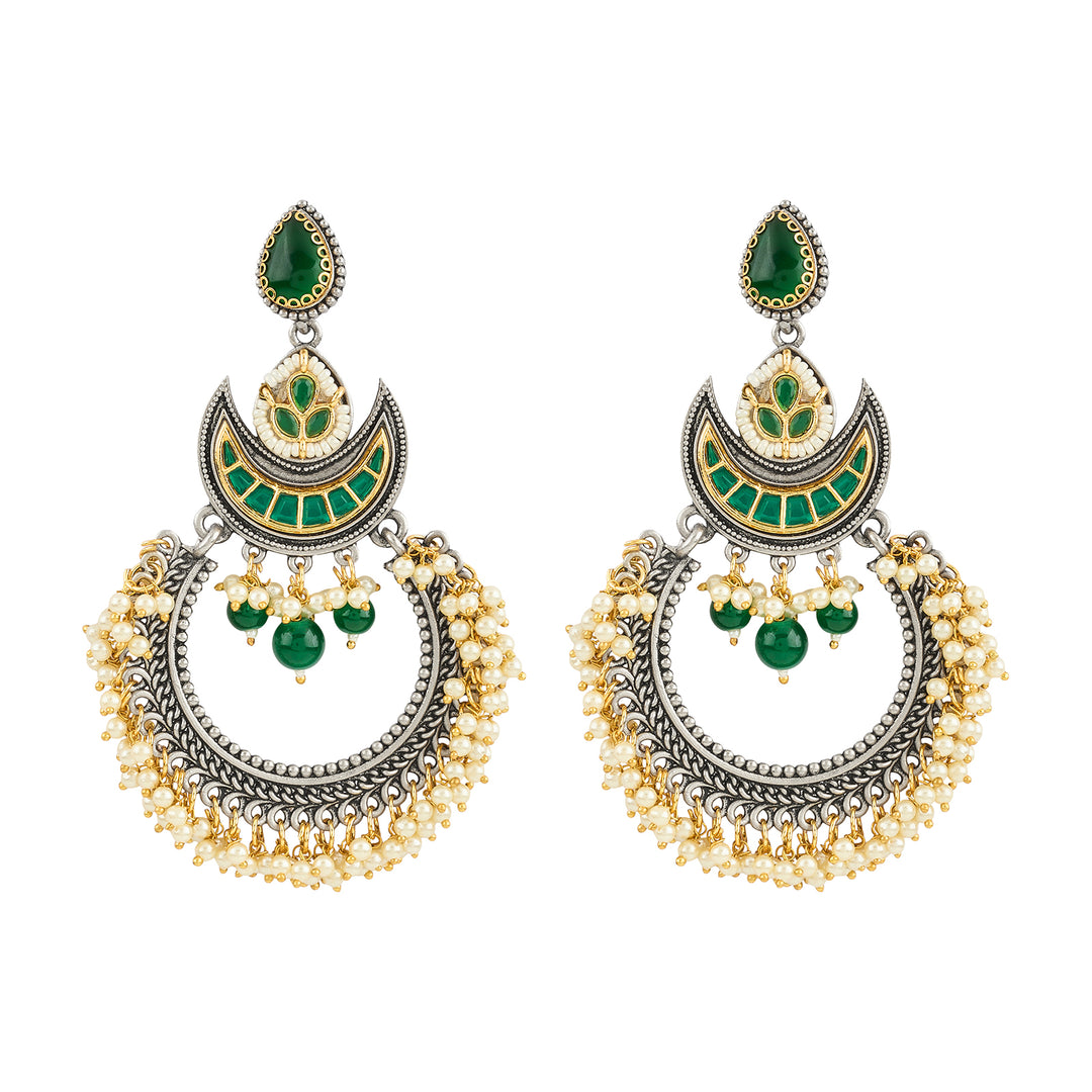 Teejh Yugah Dual Tone Green Ghungroo Chandbali