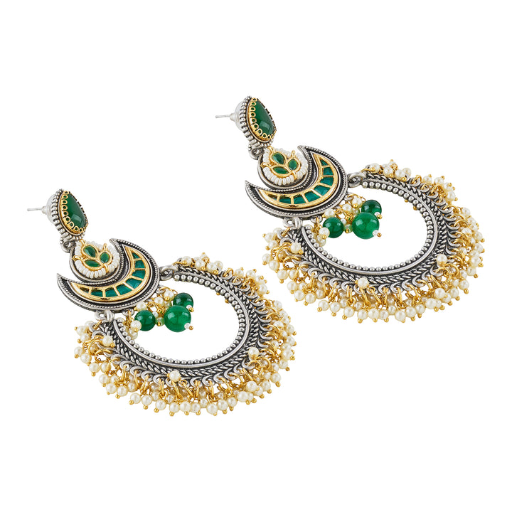 Teejh Yugah Dual Tone Green Ghungroo Chandbali