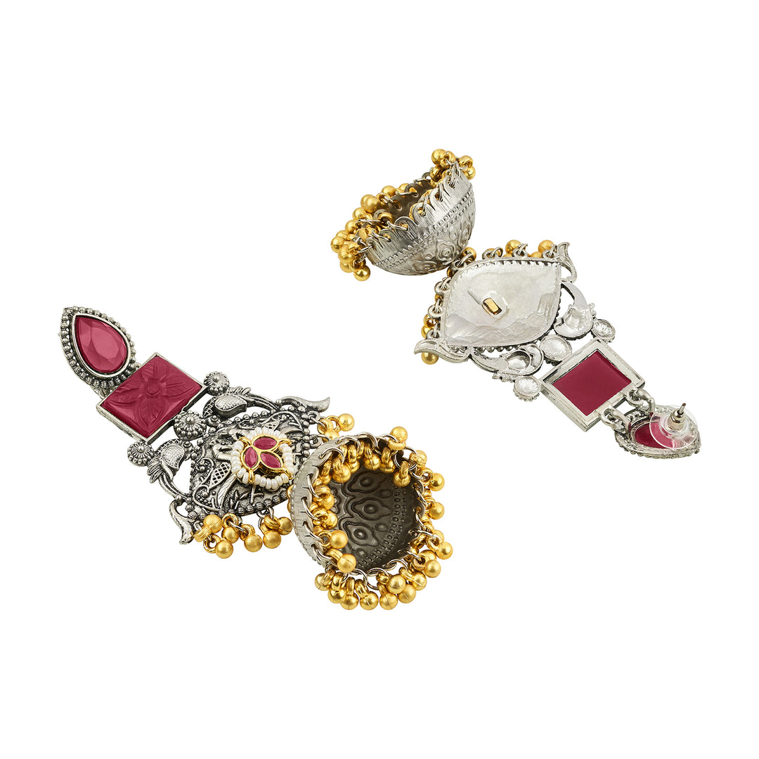 Teejh Yaga Dual Tone Red Stones Ghungroo Jhumkas