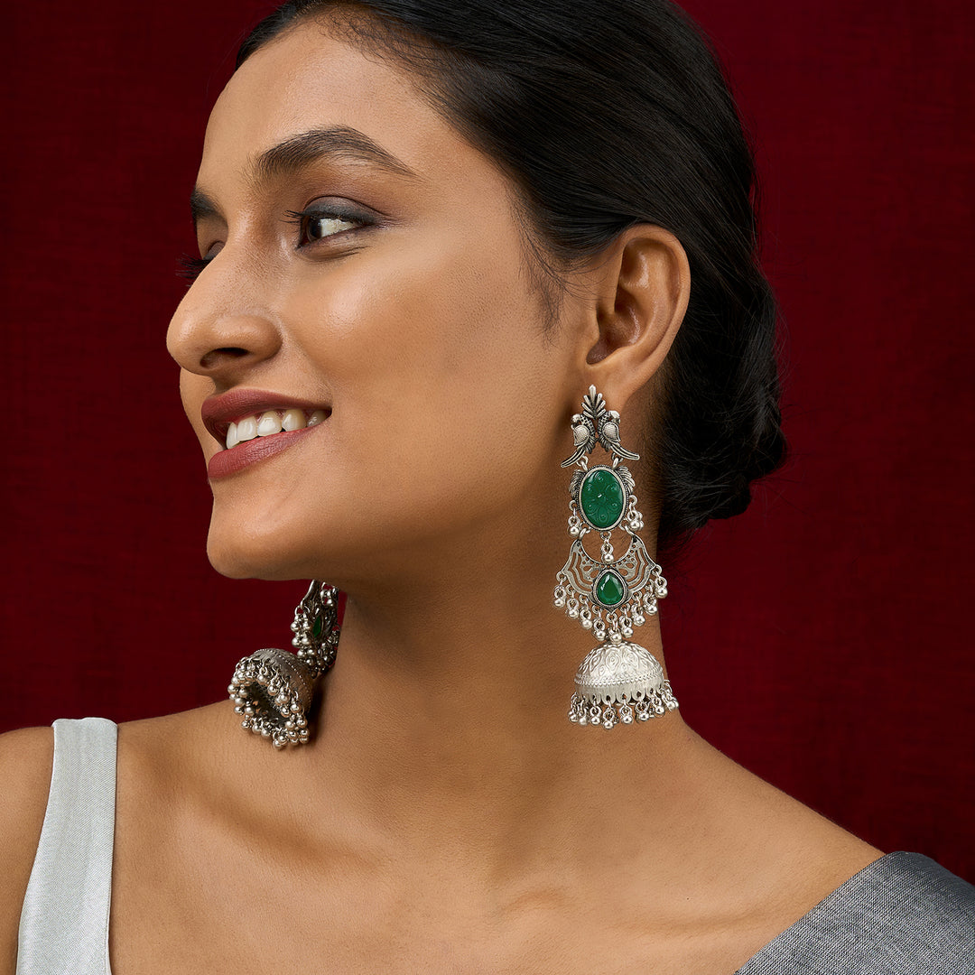 Teejh Shanka Silver and Green Stones Jhumkas
