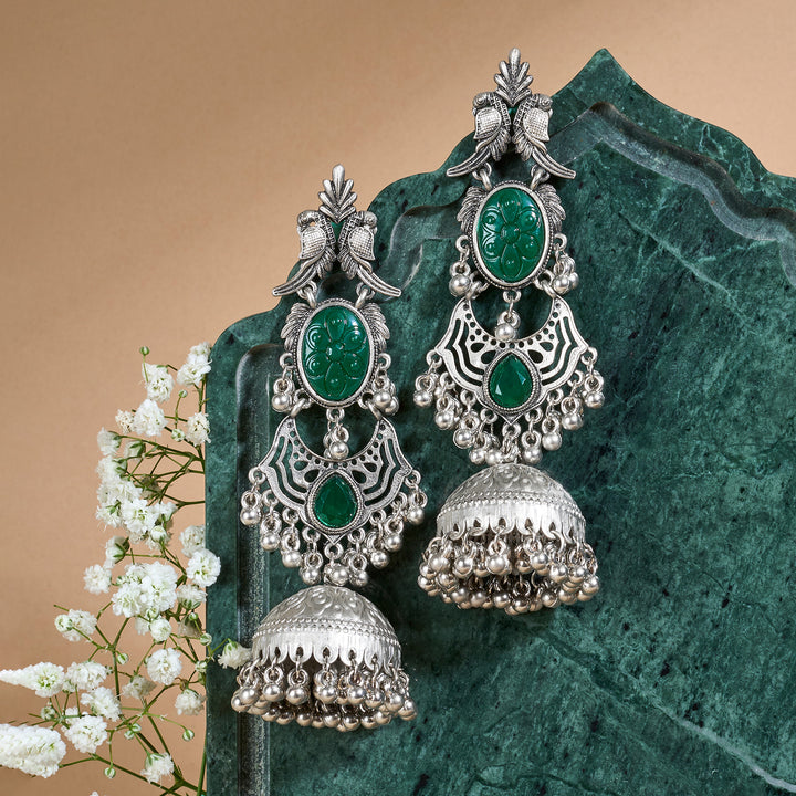 Teejh Shanka Silver and Green Stones Jhumkas