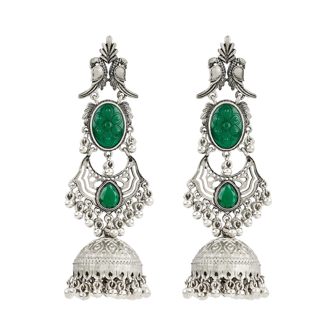 Teejh Shanka Silver and Green Stones Jhumkas