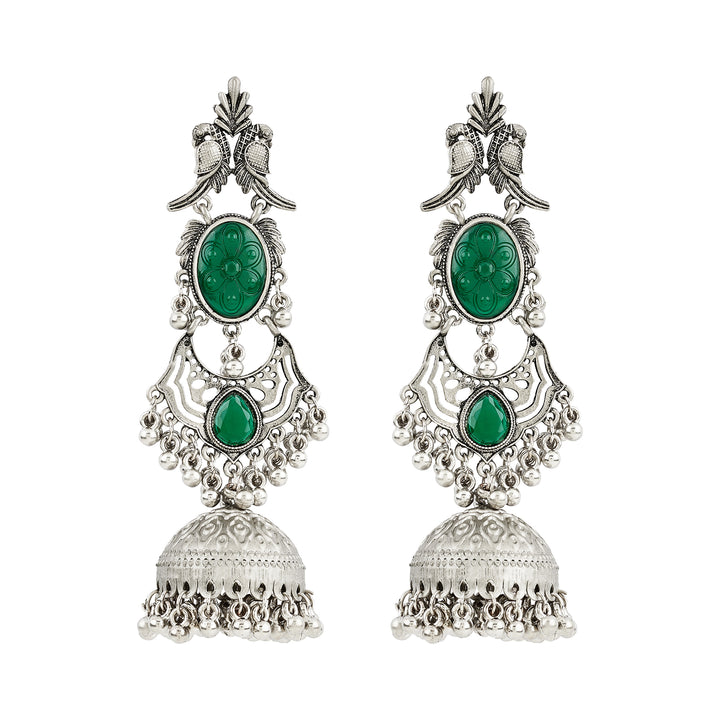 Teejh Shanka Silver and Green Stones Jhumkas