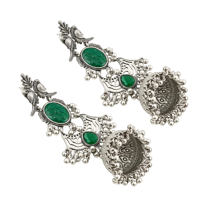 Teejh Shanka Silver and Green Stones Jhumkas