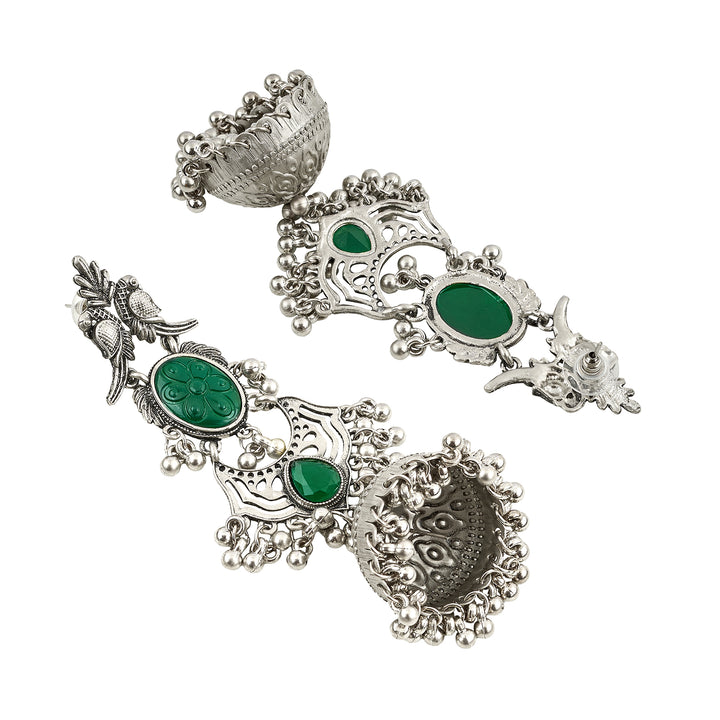 Teejh Shanka Silver and Green Stones Jhumkas
