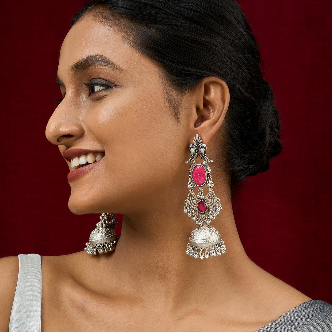 Teejh Shanka Silver and Red Stones Jhumkas