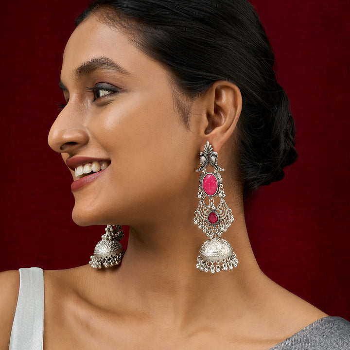 Teejh Shanka Silver and Red Stones Jhumkas