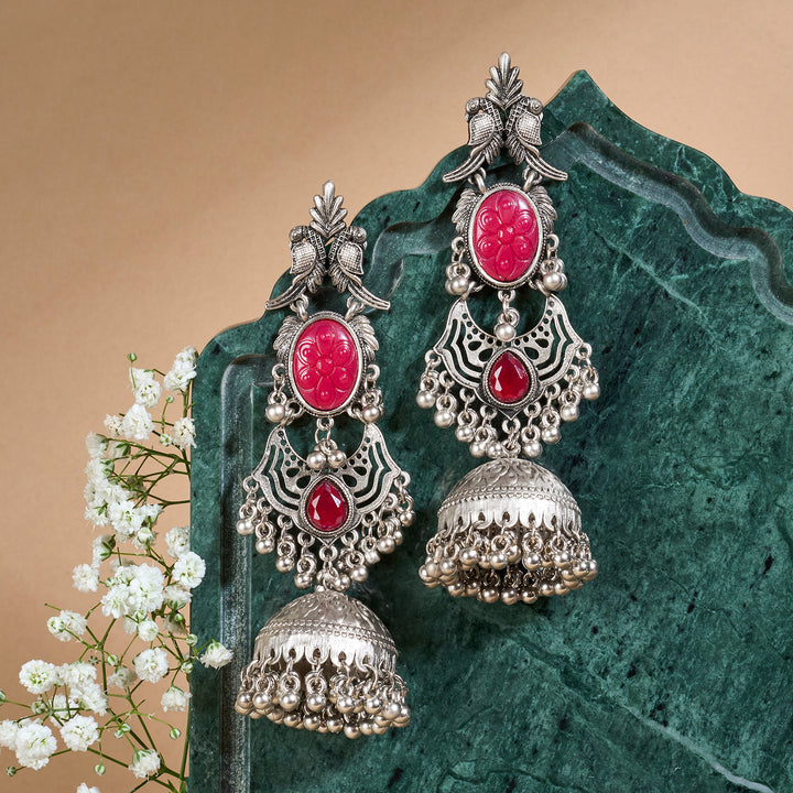 Teejh Shanka Silver and Red Stones Jhumkas