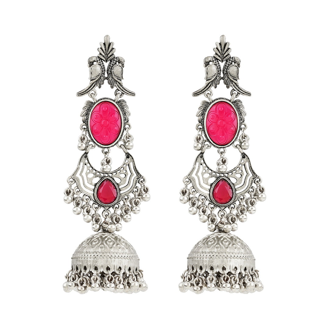 Teejh Shanka Silver and Red Stones Jhumkas