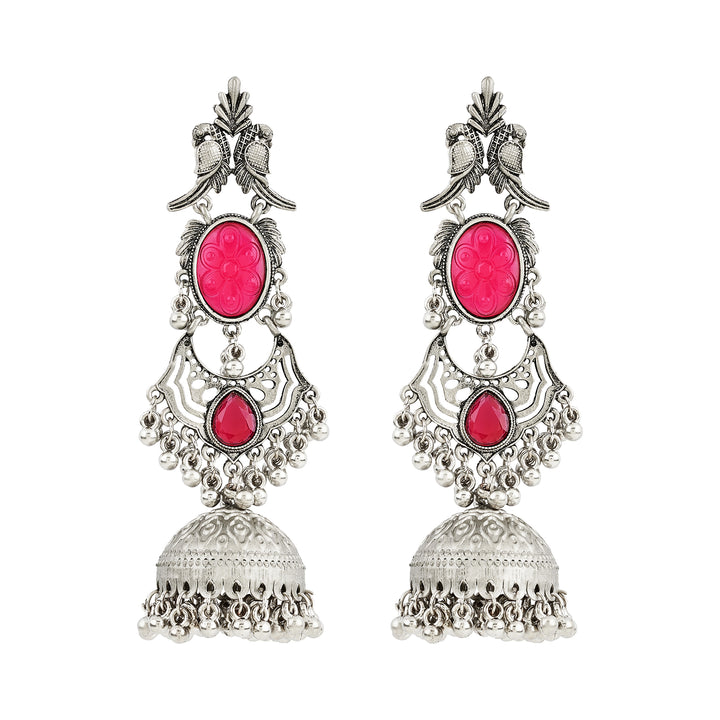 Teejh Shanka Silver and Red Stones Jhumkas