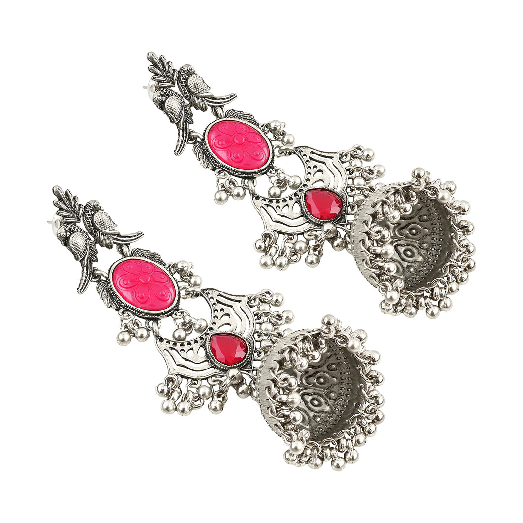 Teejh Shanka Silver and Red Stones Jhumkas
