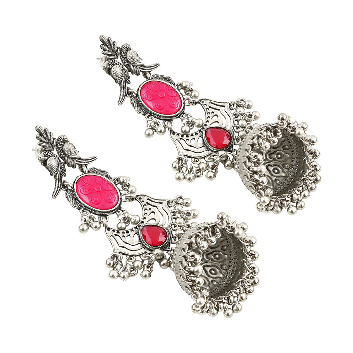 Teejh Shanka Silver and Red Stones Jhumkas