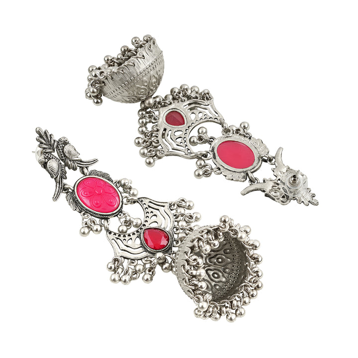 Teejh Shanka Silver and Red Stones Jhumkas