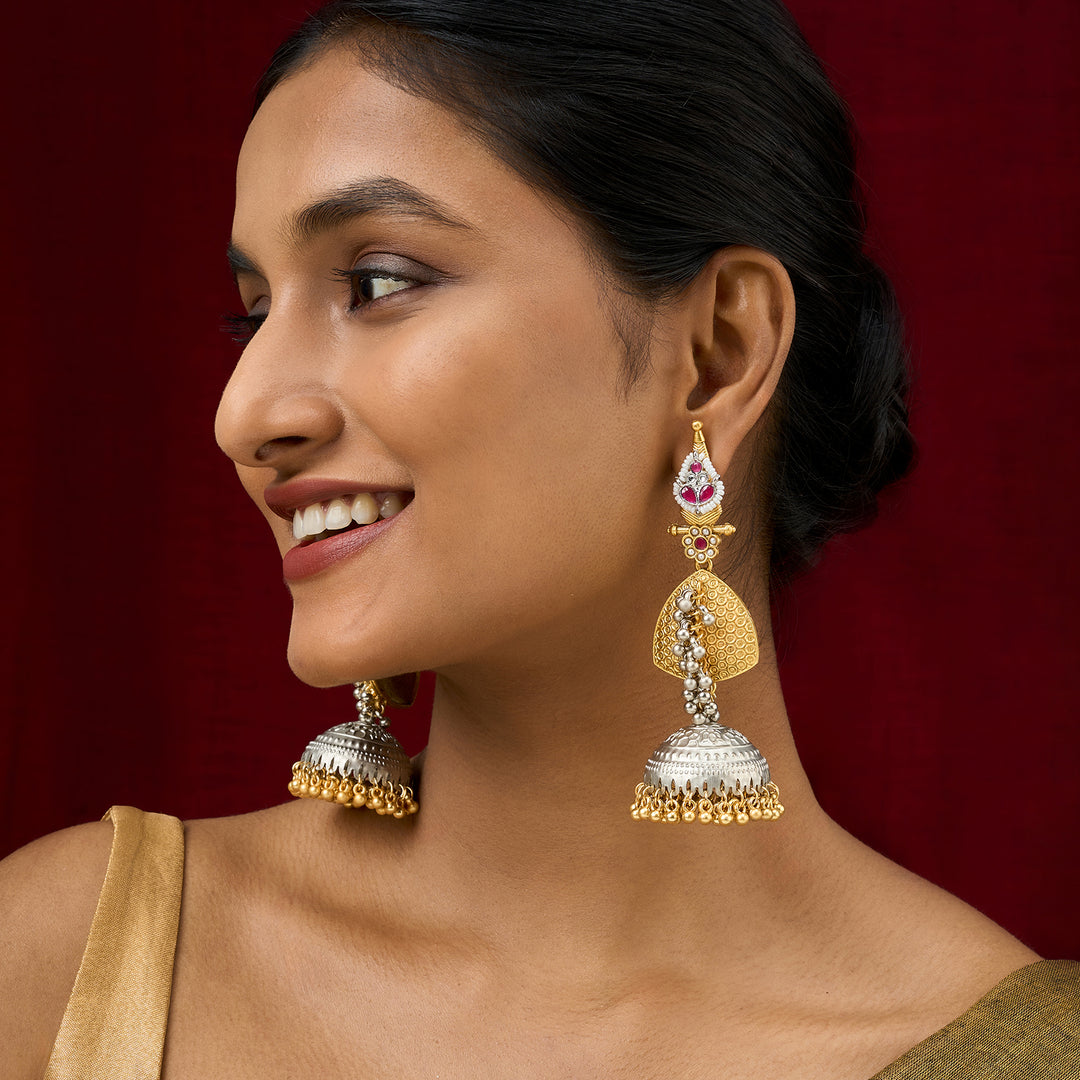 Teejh Dvi Dual Tone Red Ghungroo Jhumkas