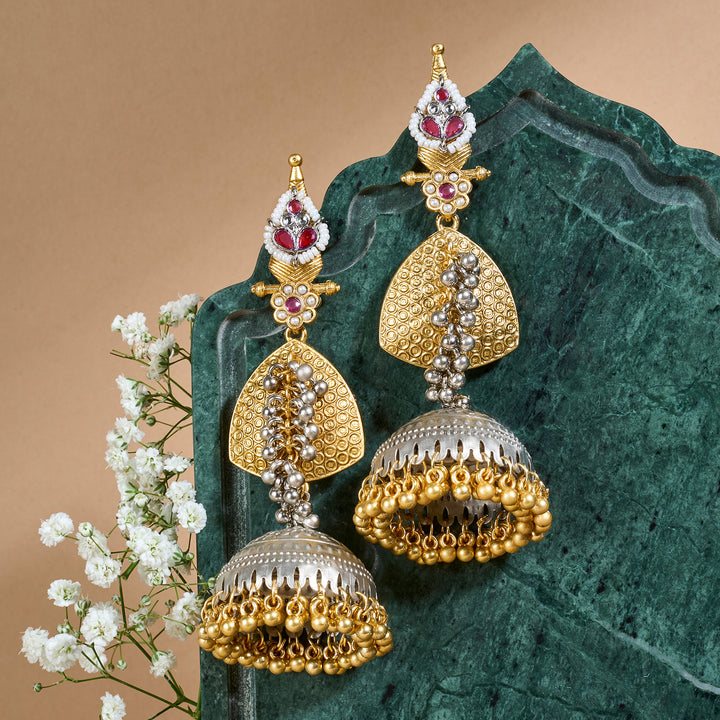 Teejh Dvi Dual Tone Red Ghungroo Jhumkas